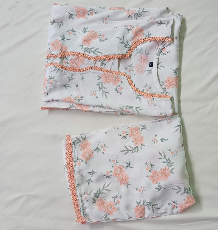 Cream Printed Kurti Pant Set