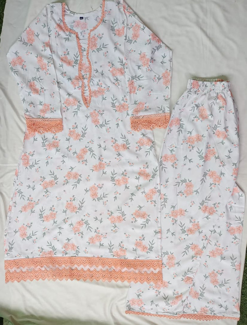 Cream Printed Kurti Pant Set