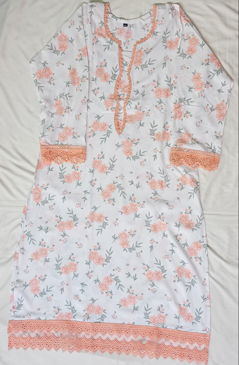 Cream Printed Kurti Pant Set