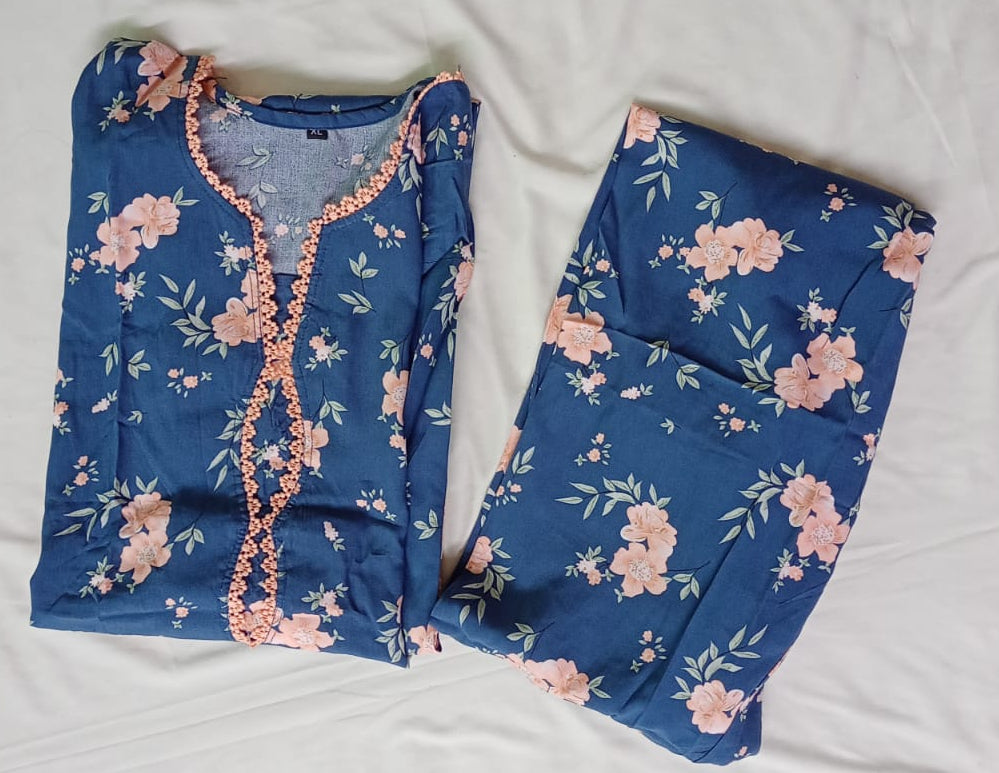 Blue Printed Kurti Pant Set