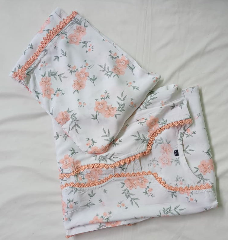 Cream Printed Kurti Pant Set