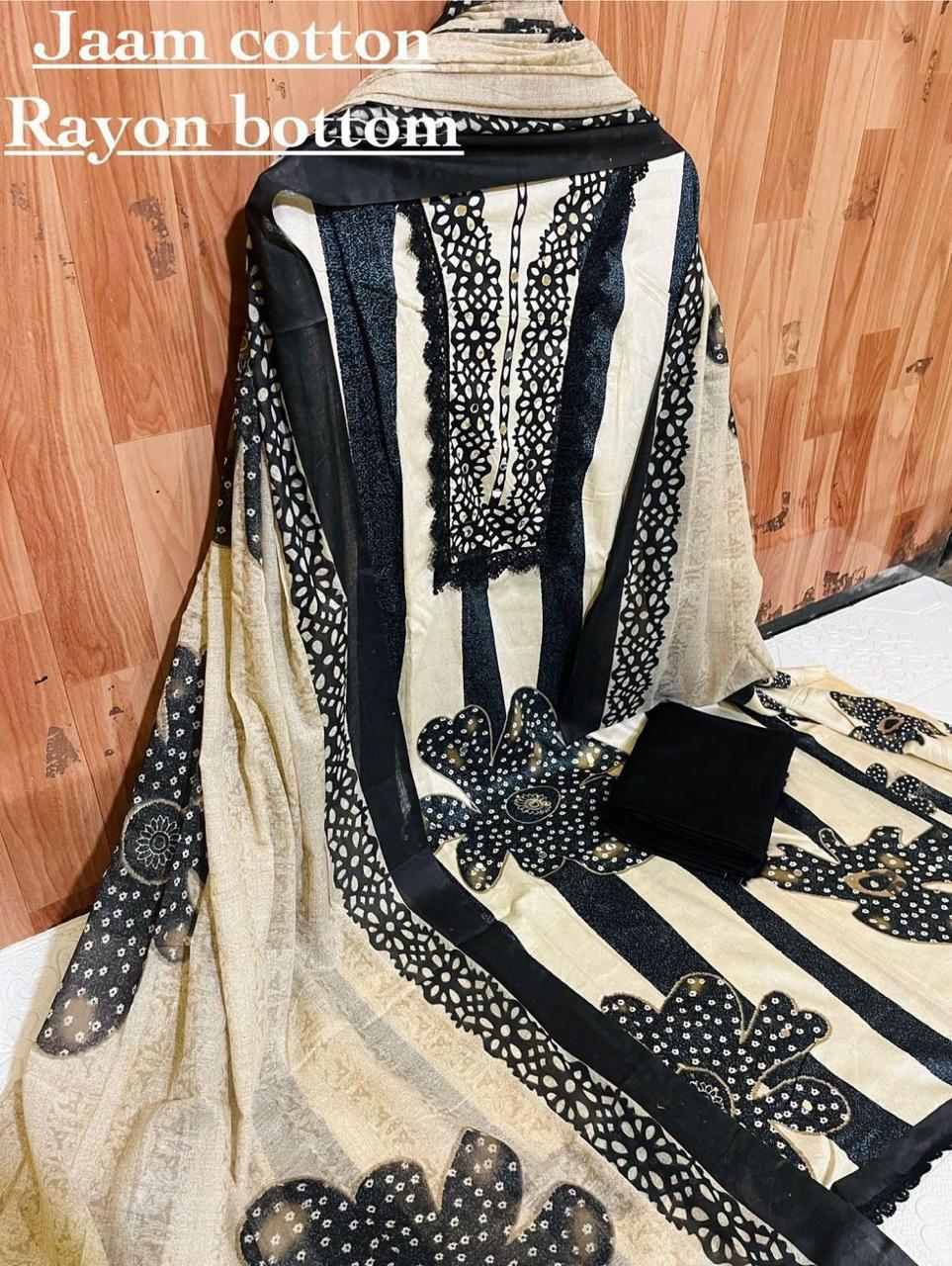 Noir Beige Floral Rayon Cotton Unstitched Suit Set with Dupatta