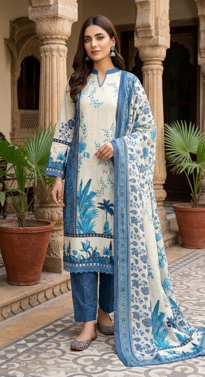 Blue Floral Printed lawn Kurta Set with Dupatta