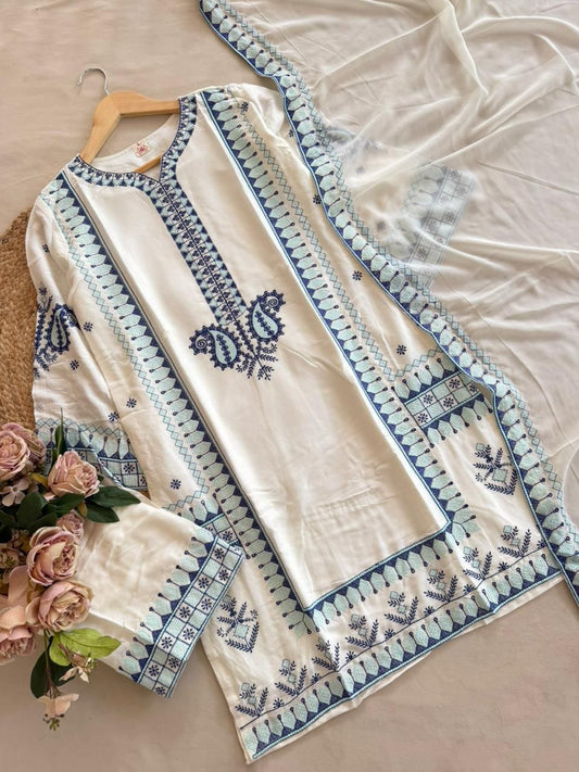 Florent Signature Embroidered Farshi Kurta Set – White Blue