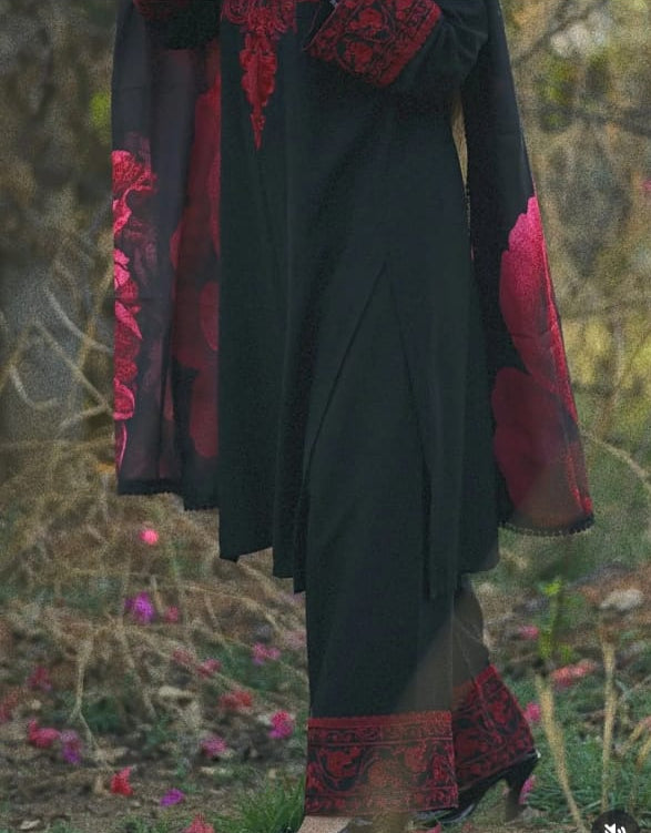 Black Red Embroidered Farshi Kurta Set with Floral Dupatta