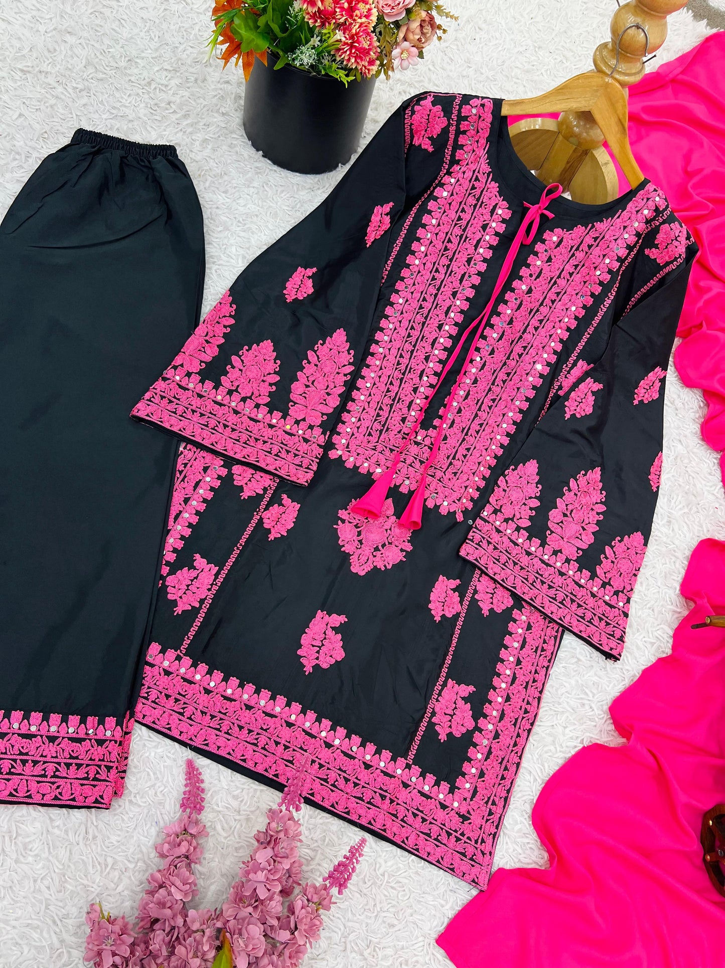 Black Pink Heavy Embroidered  Farsi Salwar Dupatta Set