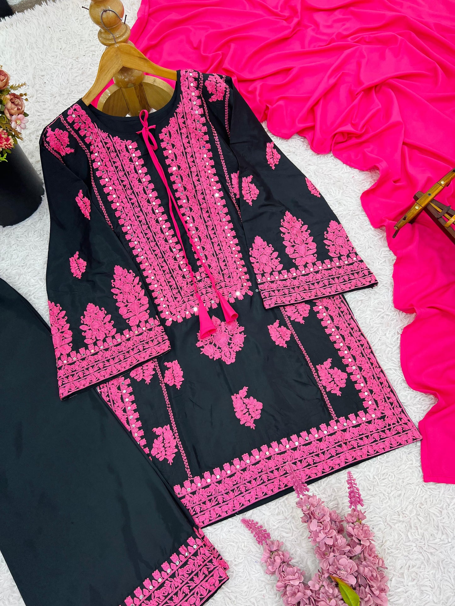 Black Pink Heavy Embroidered  Farsi Salwar Dupatta Set