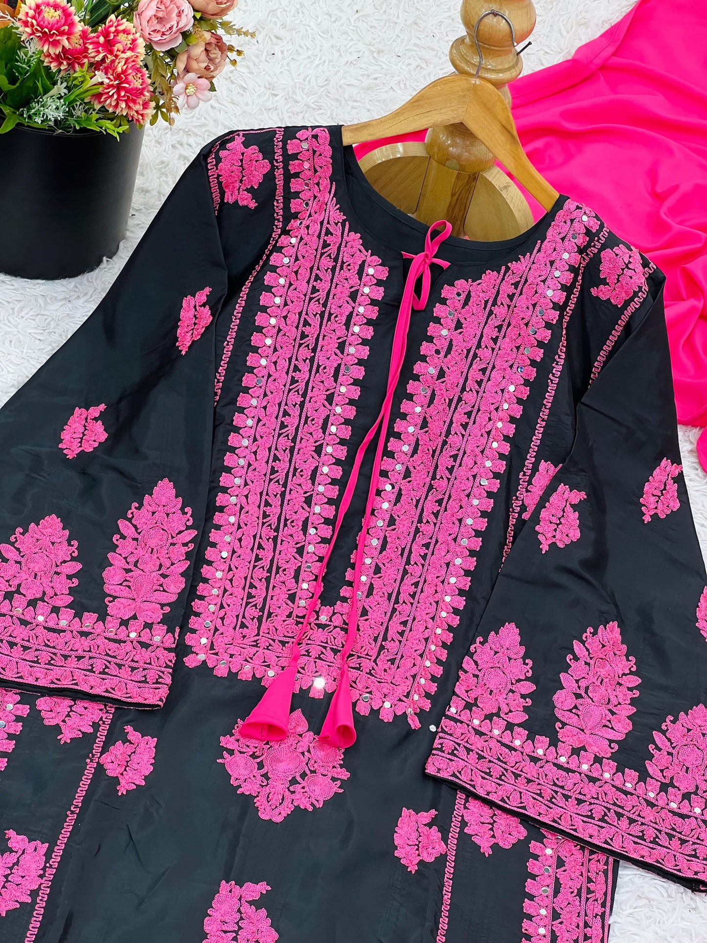 Black Pink Heavy Embroidered  Farsi Salwar Dupatta Set
