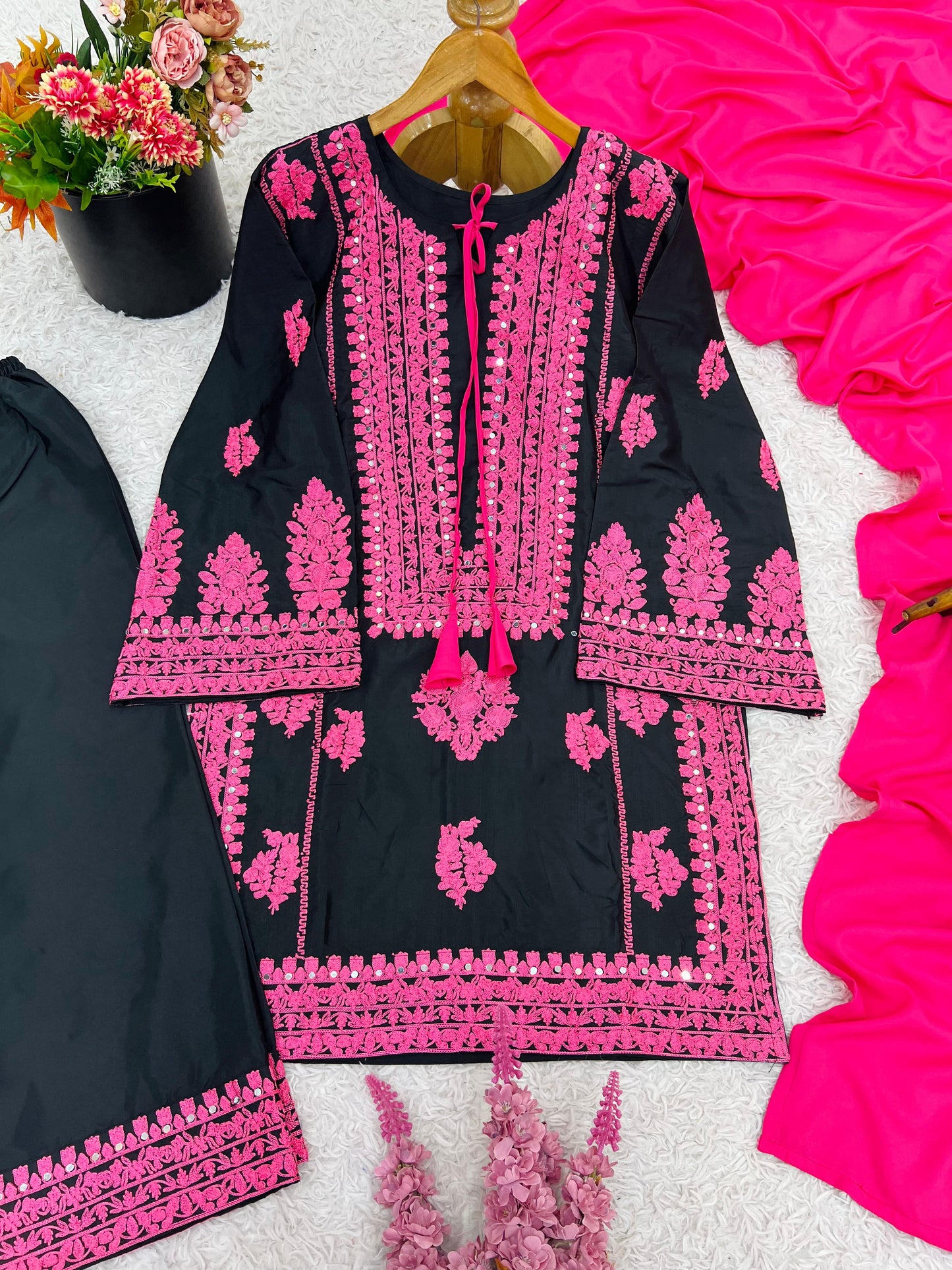 Black Pink Heavy Embroidered  Farsi Salwar Dupatta Set