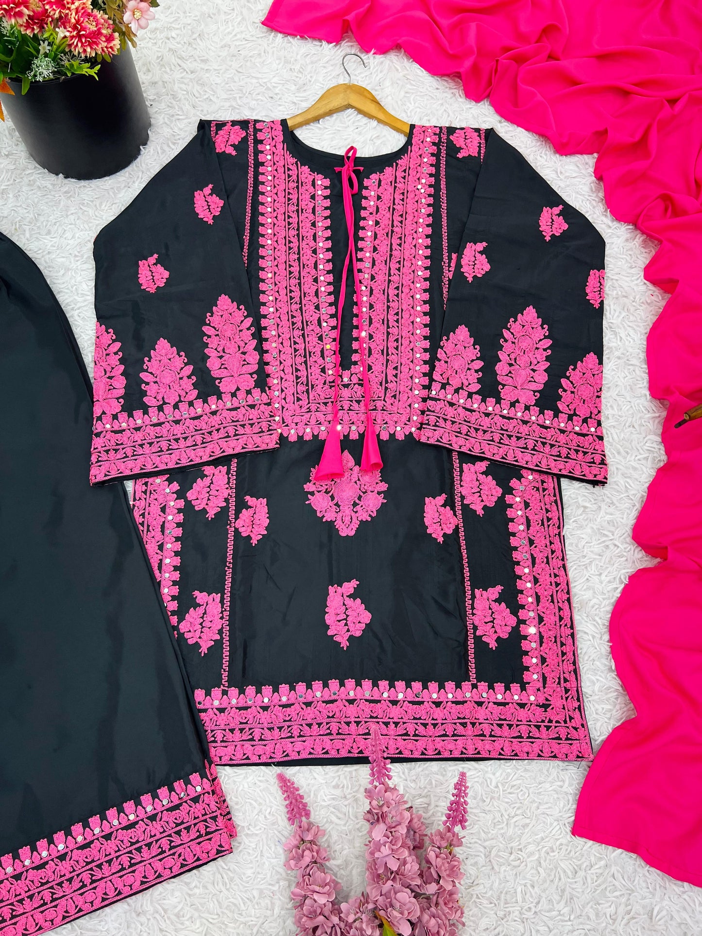 Black Pink Heavy Embroidered  Farsi Salwar Dupatta Set