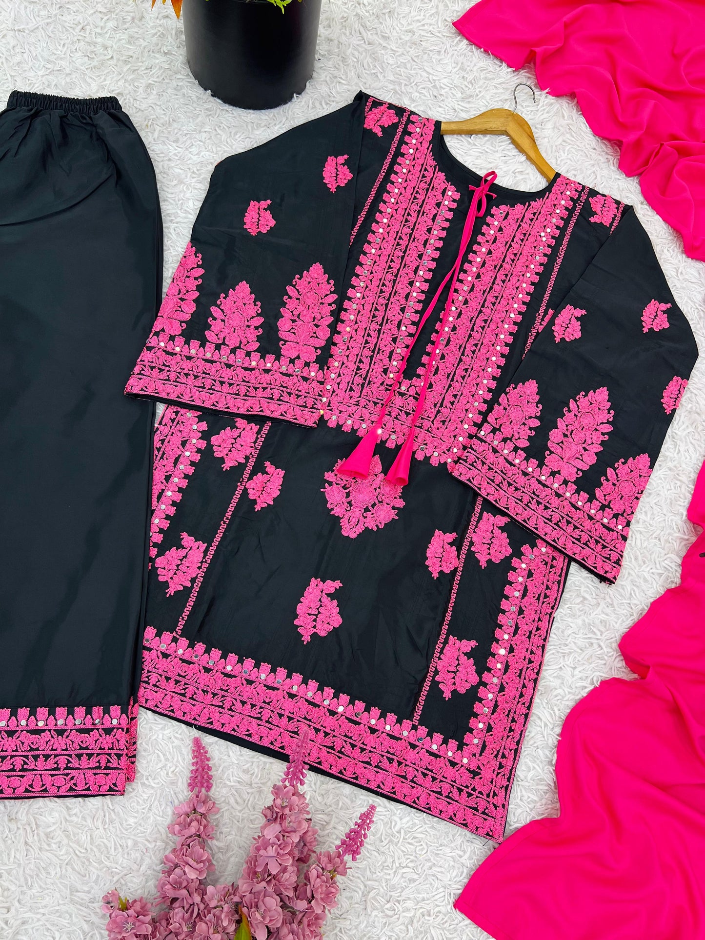 Black Pink Heavy Embroidered  Farsi Salwar Dupatta Set