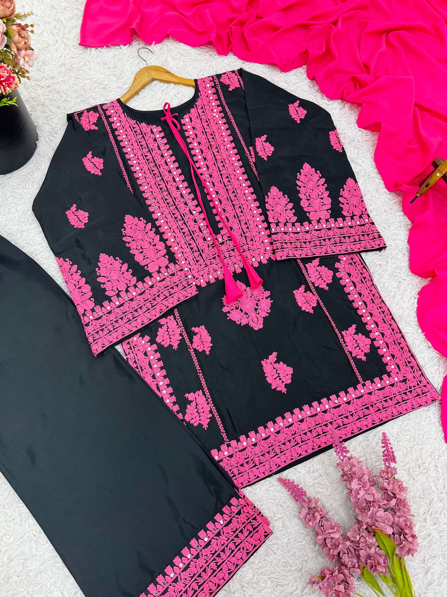 Black Pink Heavy Embroidered  Farsi Salwar Dupatta Set