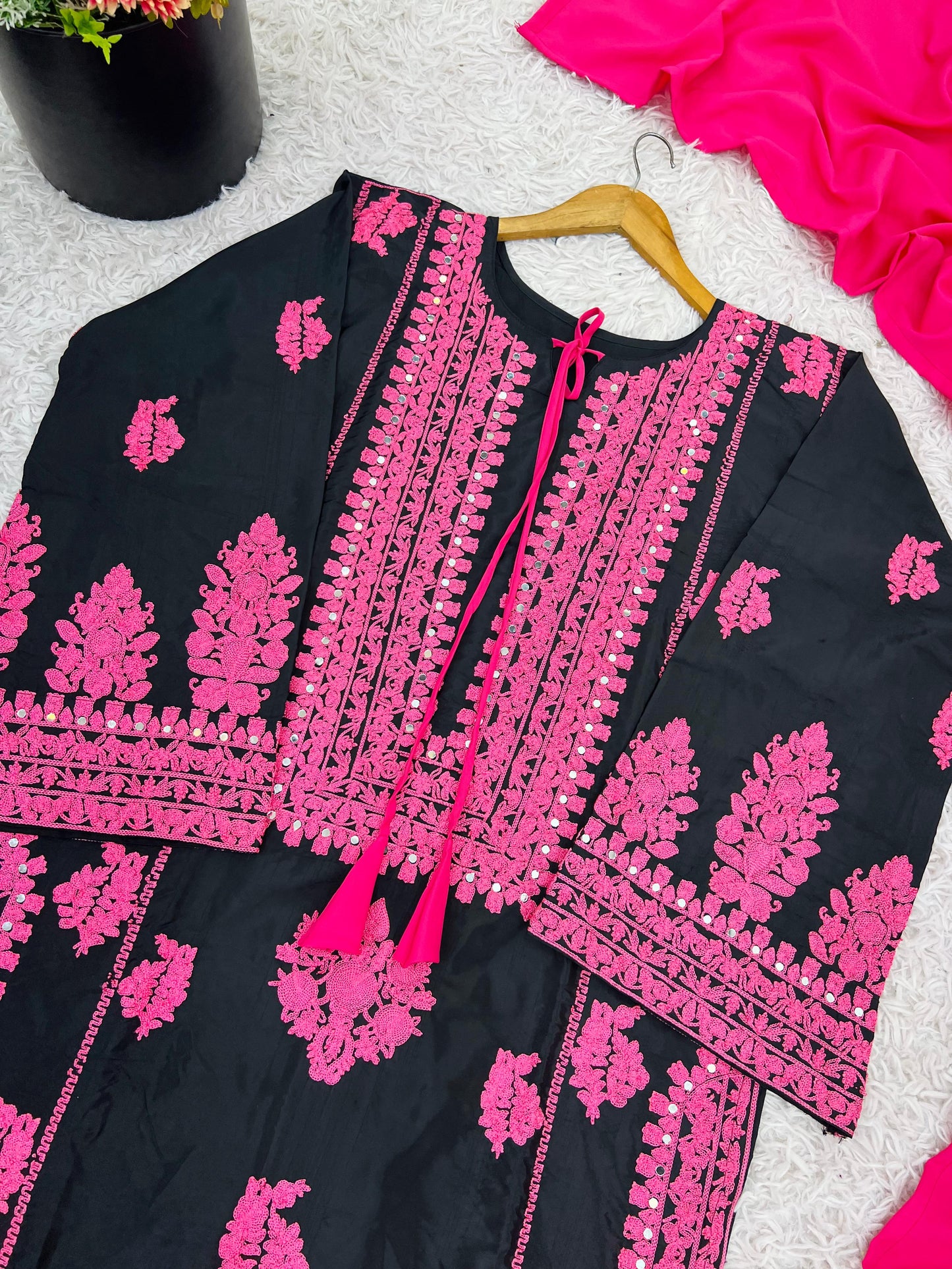 Black Pink Heavy Embroidered  Farsi Salwar Dupatta Set