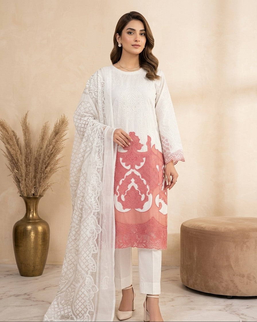 White Blush Pink MARIAB Embroidered Cotton Suit Set
