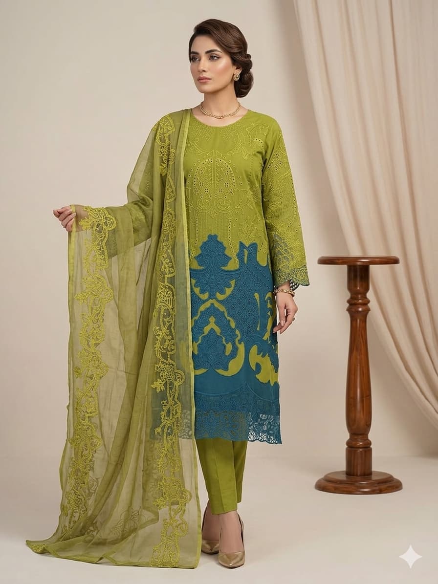 Lime Teal MARIAB Embroidered Cotton Suit Set