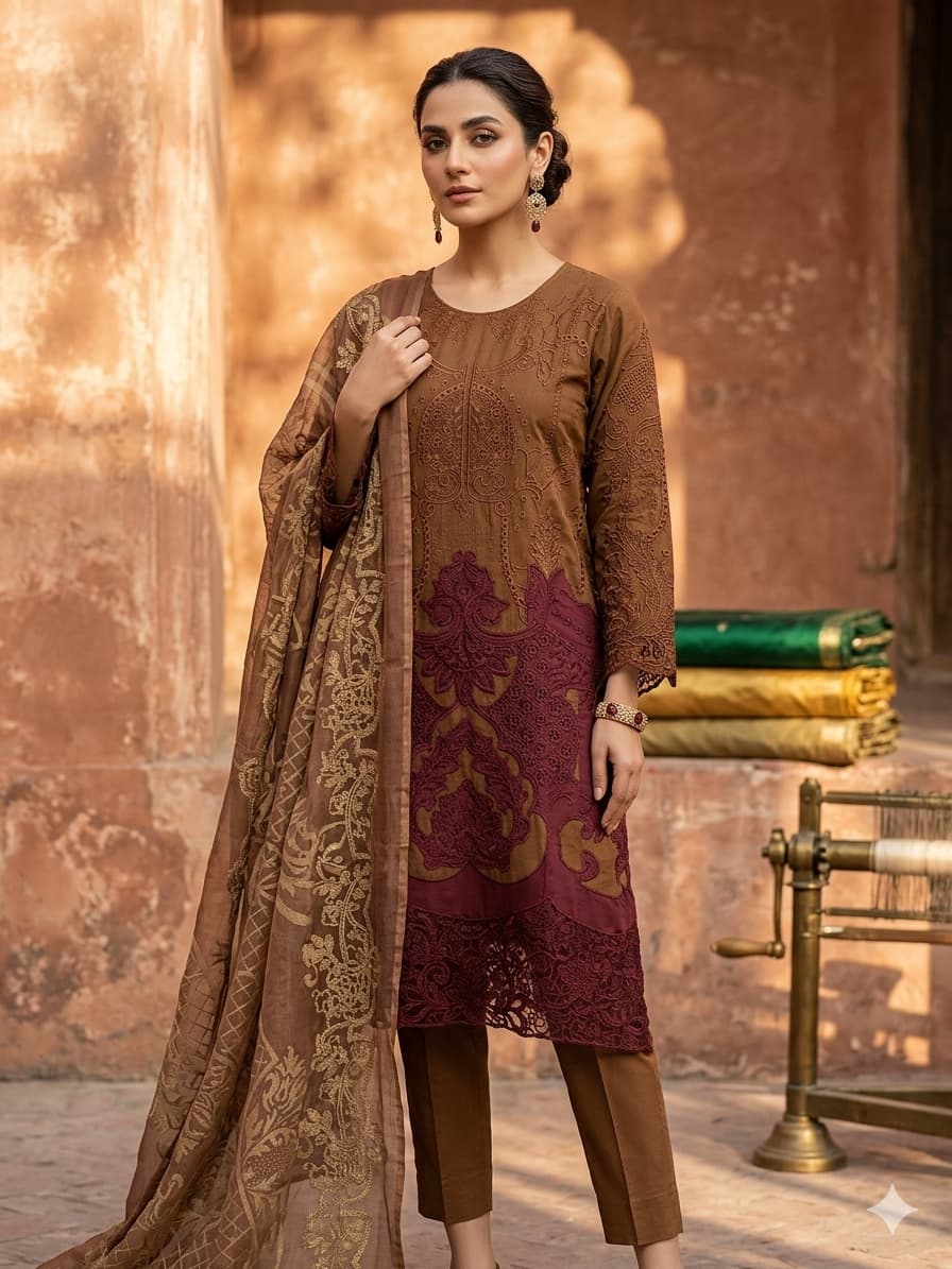 Coffee Brown-MARIAB Embroidered Cotton Suit Set