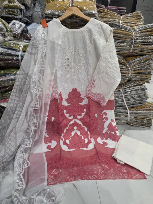 White Blush Pink MARIAB Embroidered Cotton Suit Set