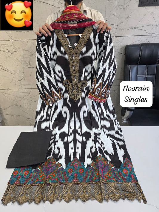 JAZMIN Heavy Patch Work Suit –Black White Ikat