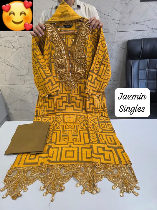 JAZMIN Heavy Patch Work Suit –Mustard Embroidered