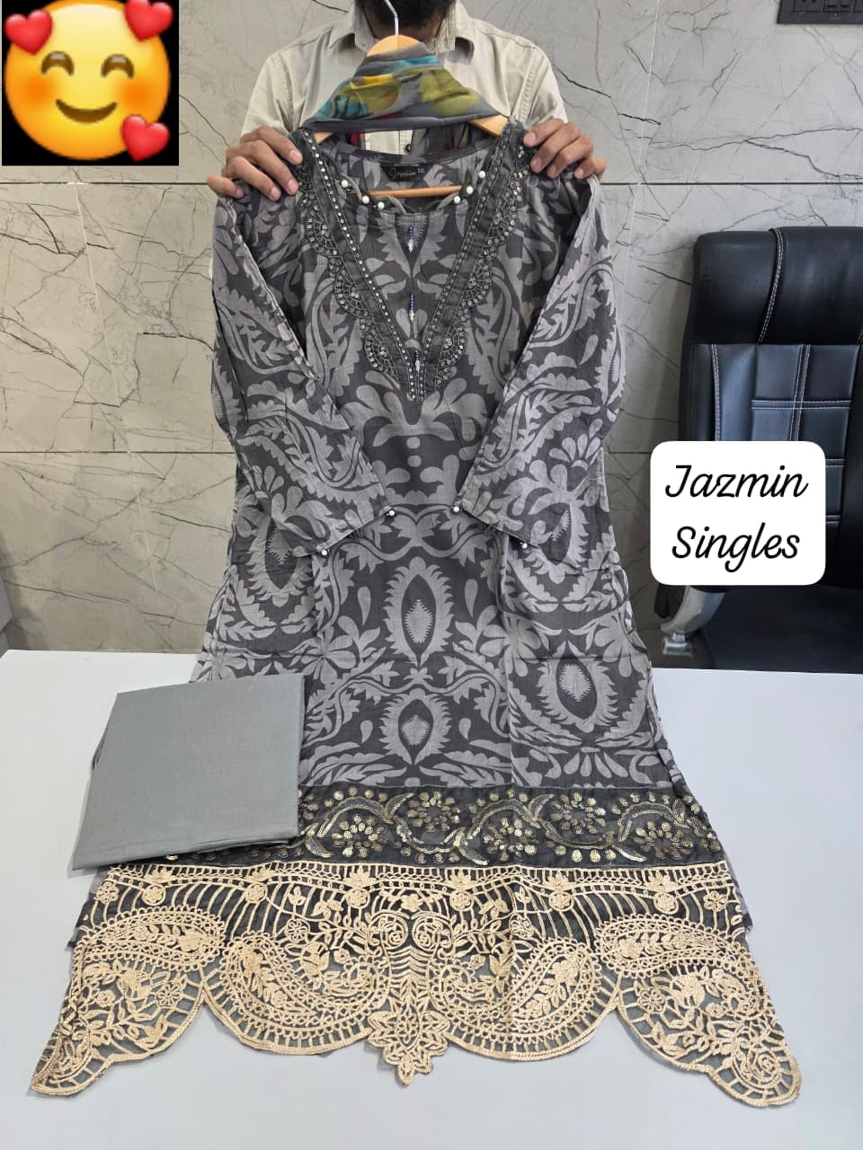 JAZMIN Heavy Patch Work Suit –Grey Designer Lace