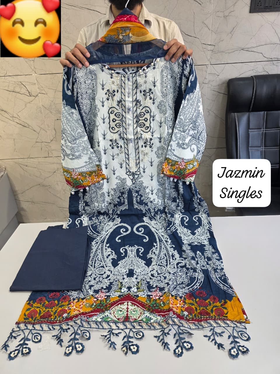 JAZMIN Heavy Patch Work Suit – Navy Blue White Print
