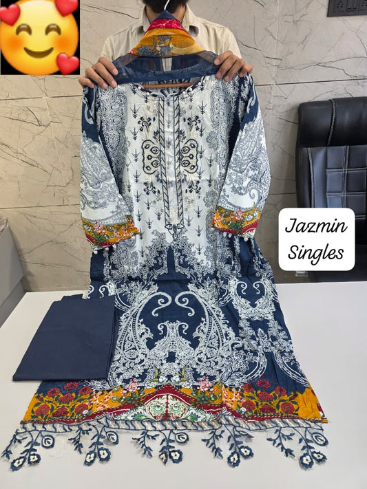 JAZMIN Heavy Patch Work Suit – Navy Blue White Print