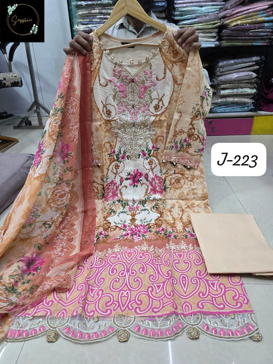 JAZMIN Heavy Patch Work Suit  peach Floral Design