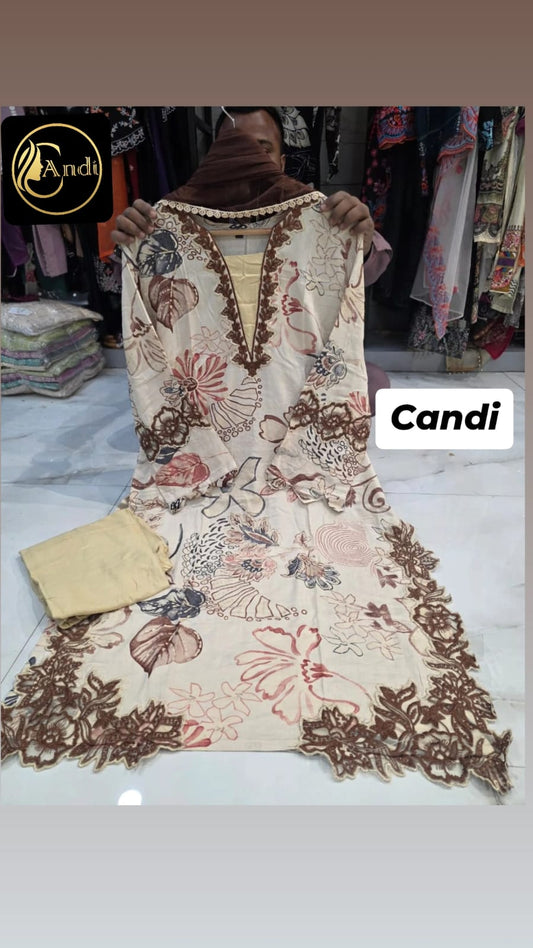 Mocha Brown- Floral Cutwork Suit Set