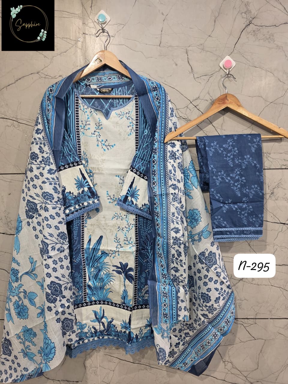 Blue Floral Printed lawn Kurta Set with Dupatta