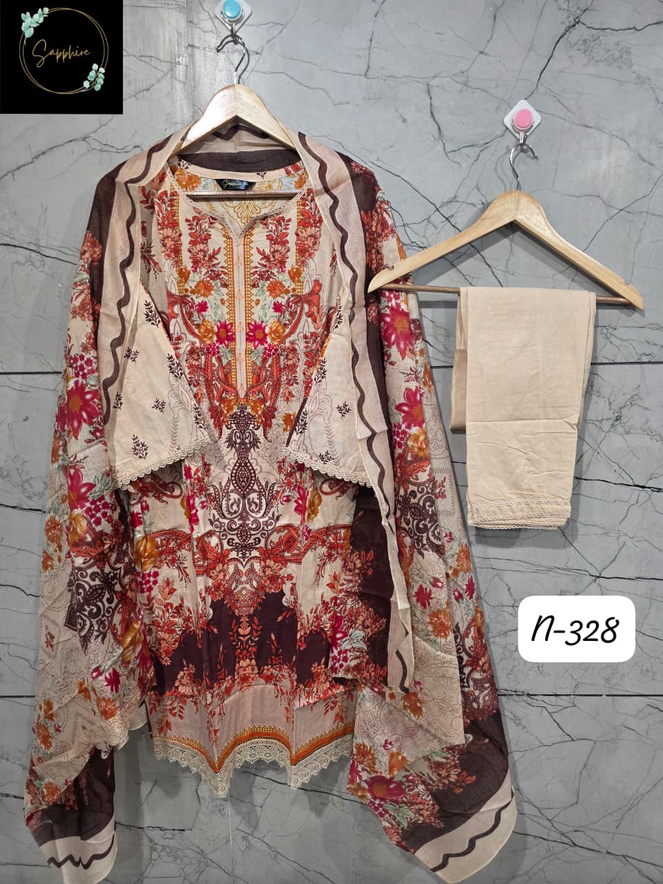 Lawn Suit Set  Ivory Rust Floral