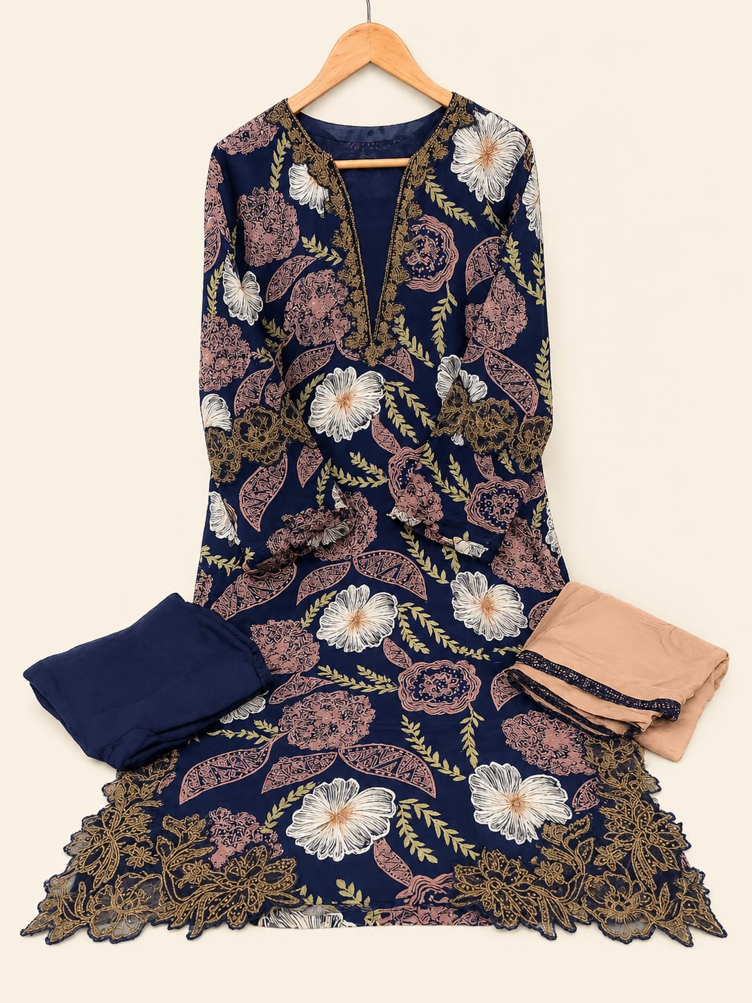 Floral Cutwork Suit Set – Black Beige