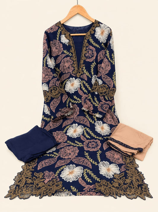Floral Cutwork Suit Set – Black Beige