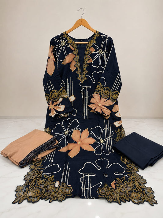 Floral Cutwork Suit Set – Navy Beige