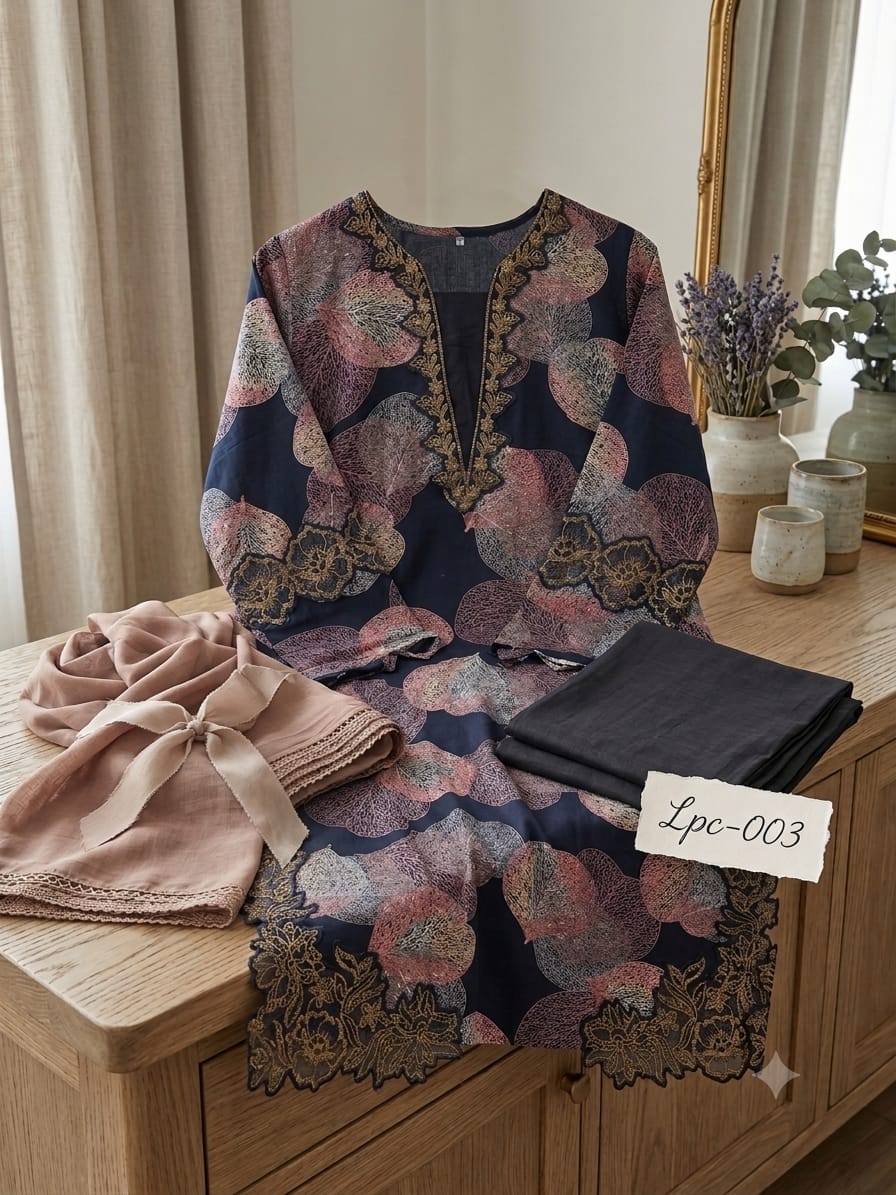 Leaf Cutwork Suit Set – Navy Gold