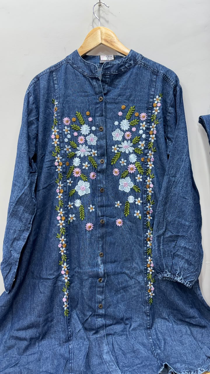 Blue Floral Embroidery Denim Co-Ord Set