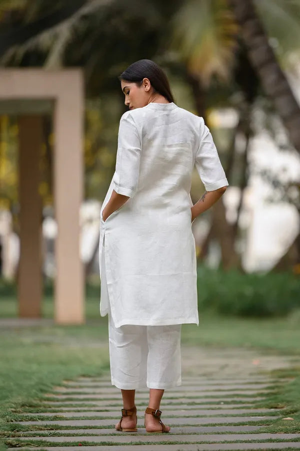 White  khadi cotton kurti pant cord set for working women