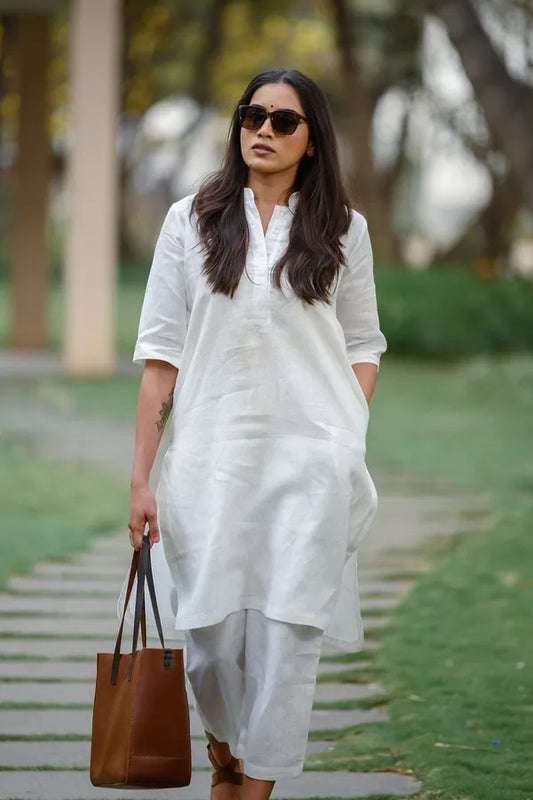 White  khadi cotton kurti pant cord set for working women