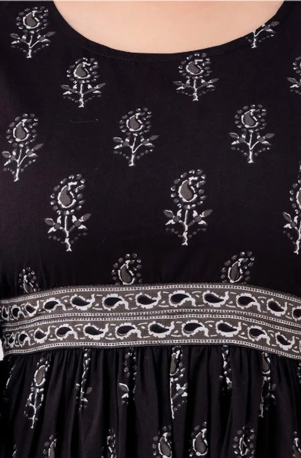 Black Block Print Pure Cotton Jaipuri Style Flare Tunic For Women