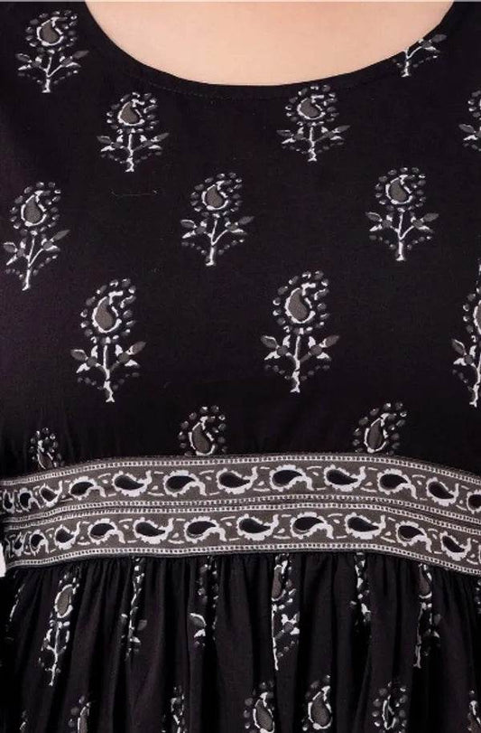 Black Block Print Pure Cotton Jaipuri Style Flare Tunic For Women - CandiRobes