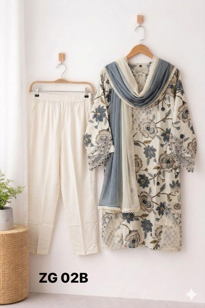 Ivory Blue- Floral Cutwork Suit Set