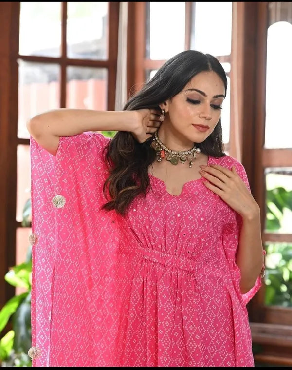 Pink::White Women Striped Ethnic Dress Kurta