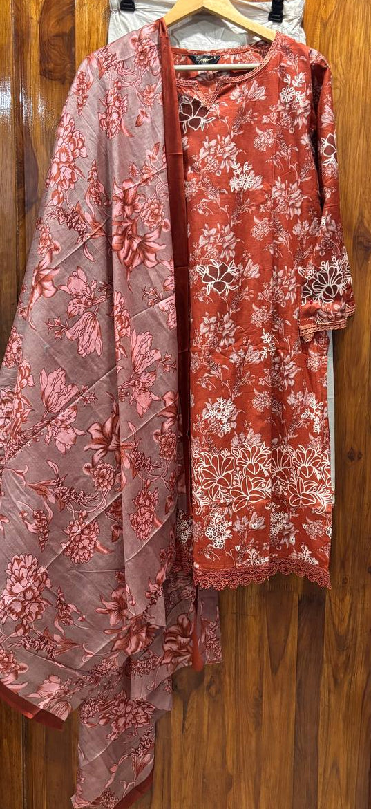 Lawn Suit Set – Rust Brown Floral