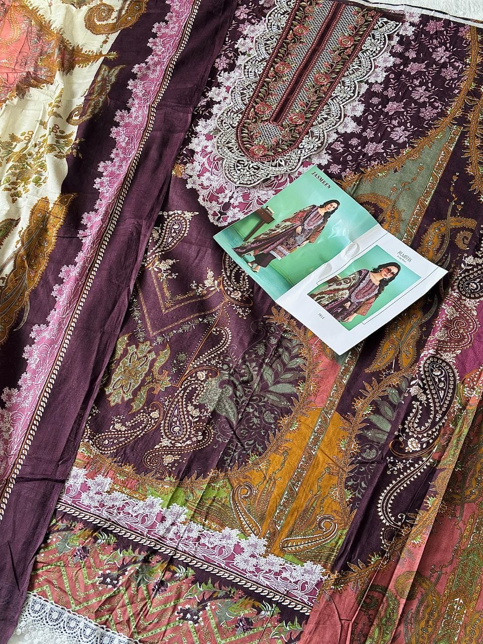 Wine Floral Embroidered Unstitched Lawn Suit Set