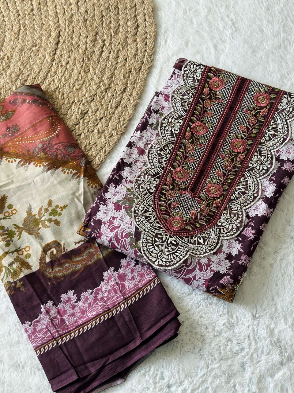 Wine Floral Embroidered Unstitched Lawn Suit Set