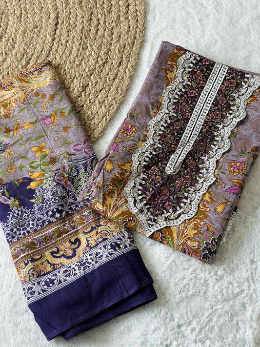 Navy Blue Embroidered Unstitched Lawn Suit Set