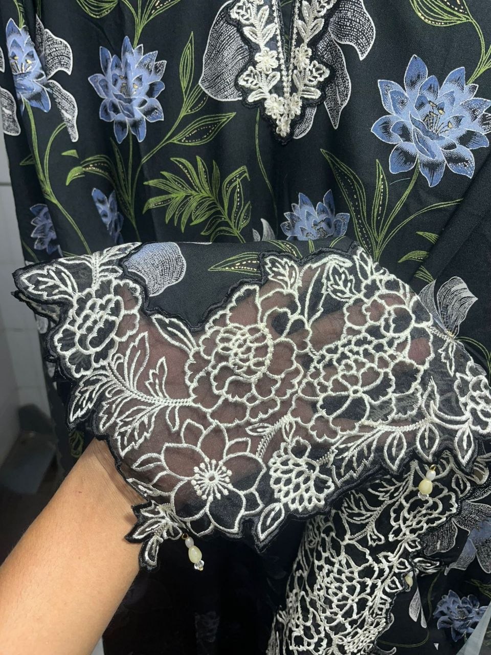 Premium Cutwork Floral Suit Set – Black Orchid