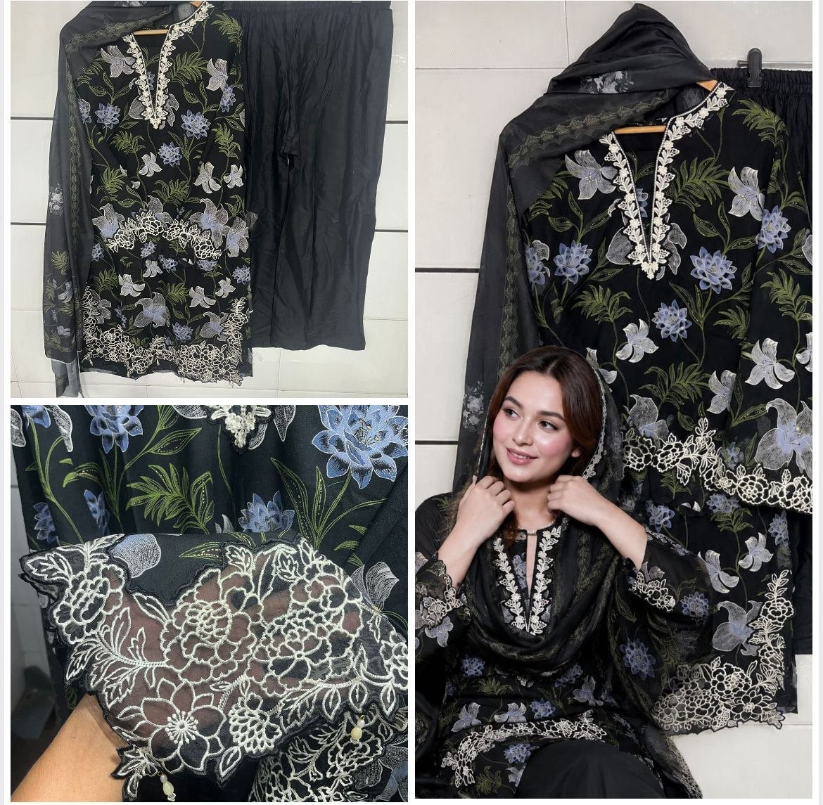 Premium Cutwork Floral Suit Set – Black Orchid