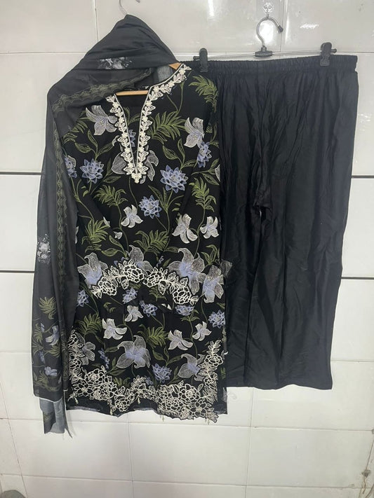 Premium Cutwork Floral Suit Set – Black Orchid