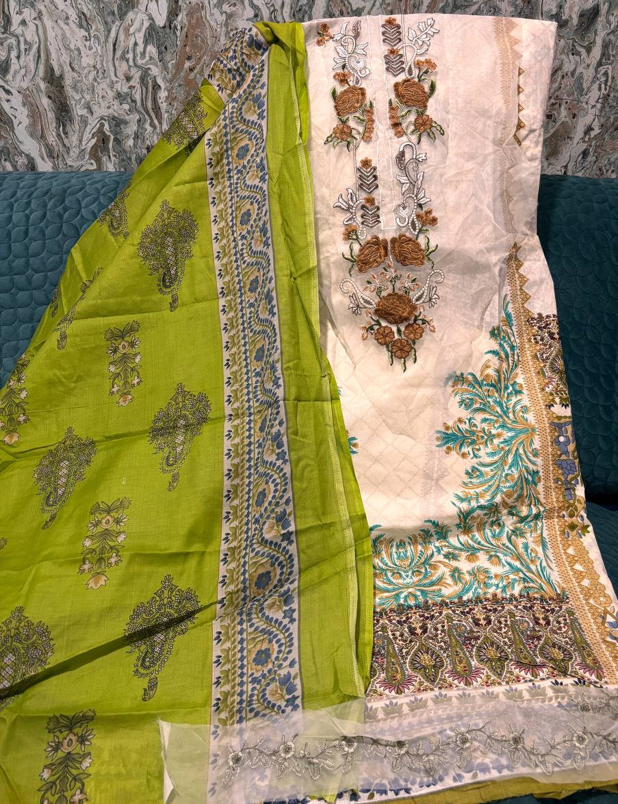 Gulnaar  green creem unstitched suit