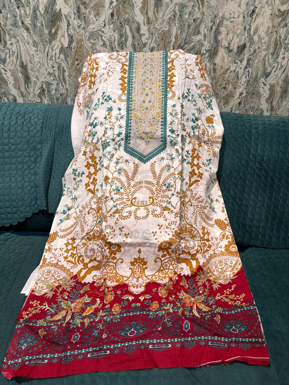 Gulnaar red  Unstitched Suit